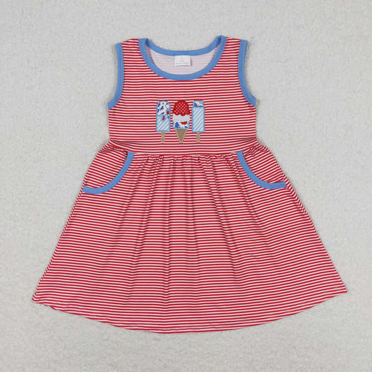 GSD0821 embroidery July 4th Ice Red Striped Sleeveless Girls Dress