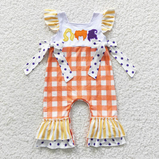 SR0383 Halloween Embroidery Sorceress Flutter Sleeve Orange Kids Romper