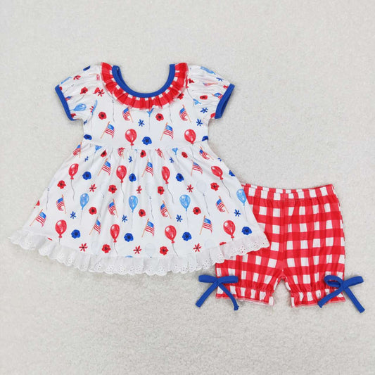 GSSO0430 July 4th red blue balloon short sleeve red checkered shorts girls set