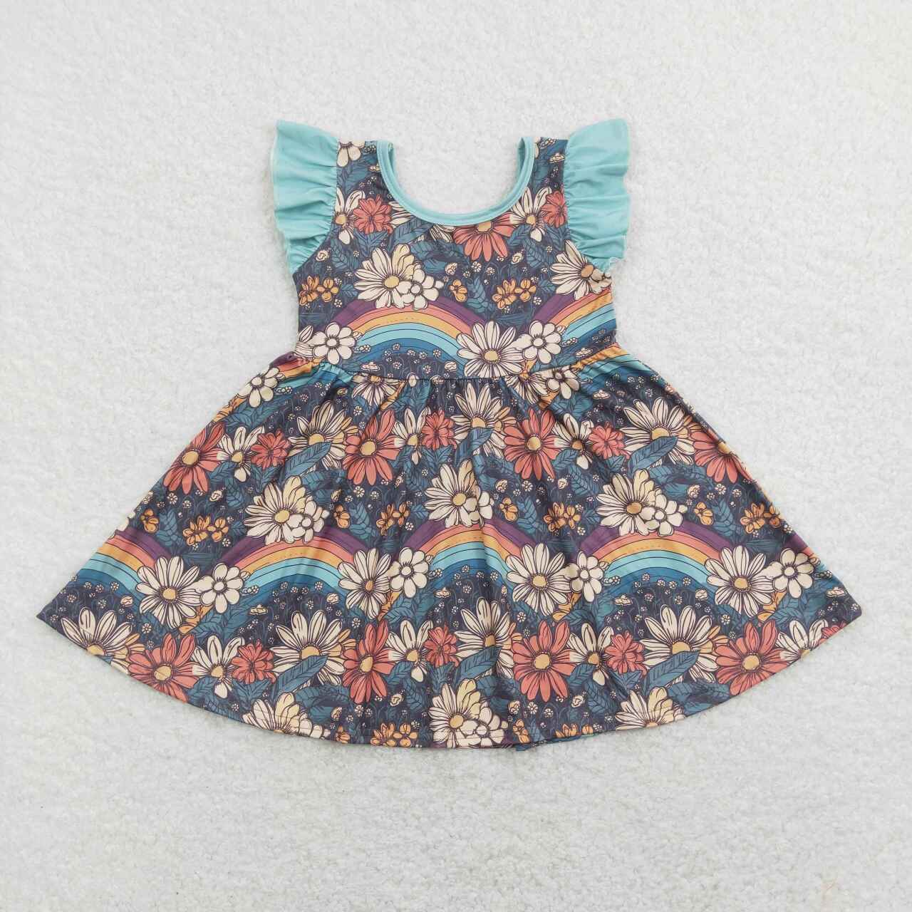 GSD0734 Rainbow Colorful Flowers Blue Flutter Sleeve Girls Dress