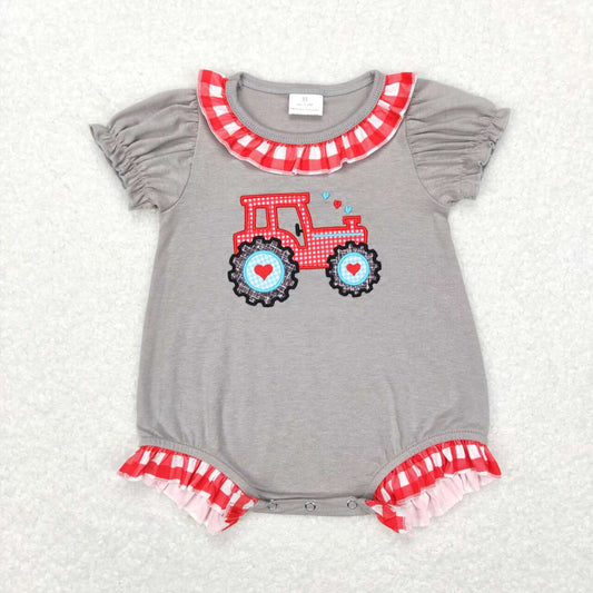 SR0489 Farm red tractor grey short sleeve girls romper