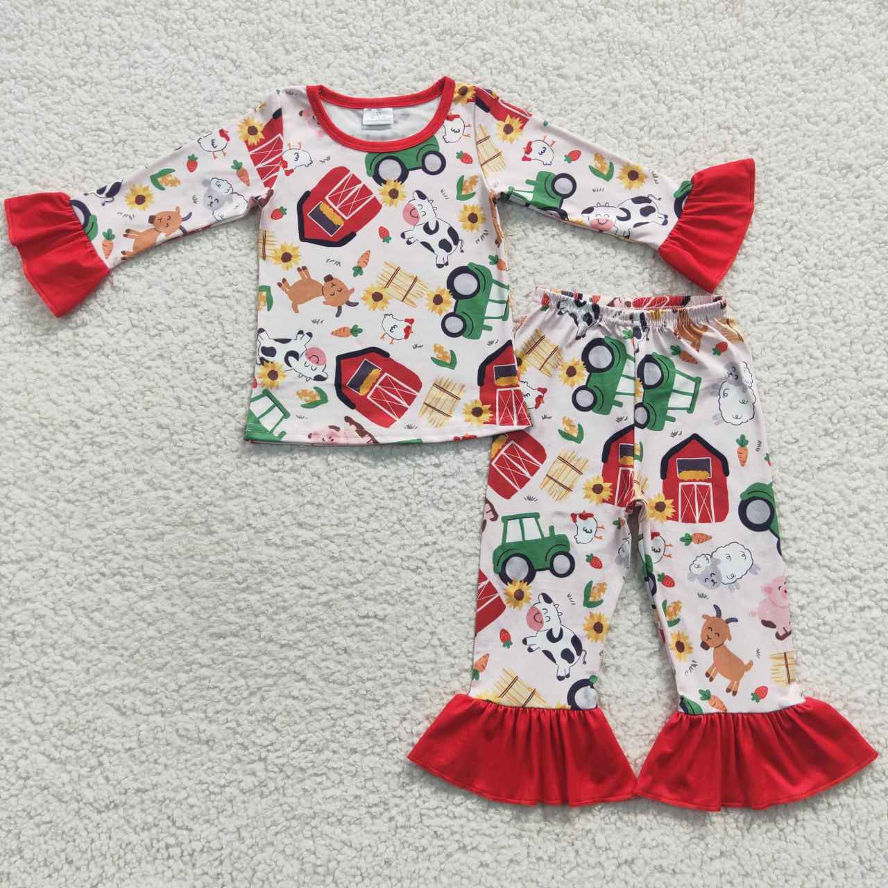 GLP0488 Farm House Truck Animals Long Sleeves Red Pants Girls Pajamas