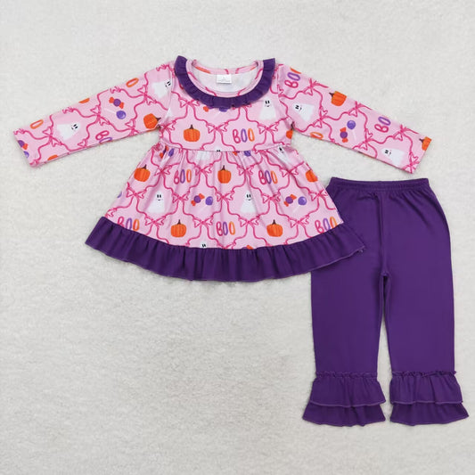 GLP1533 Halloween boo spooky pumpkin hot pink long sleeve purple pants girls set