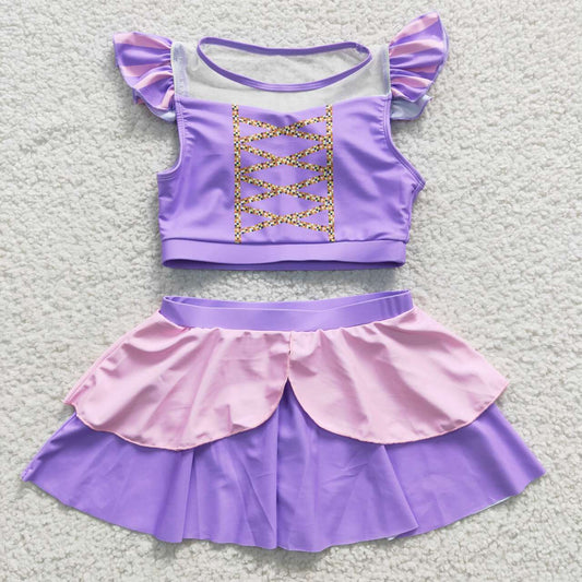 S0145 Princess Flutter Sleeve Purple Cartoon Bathing Suits Swimsuits