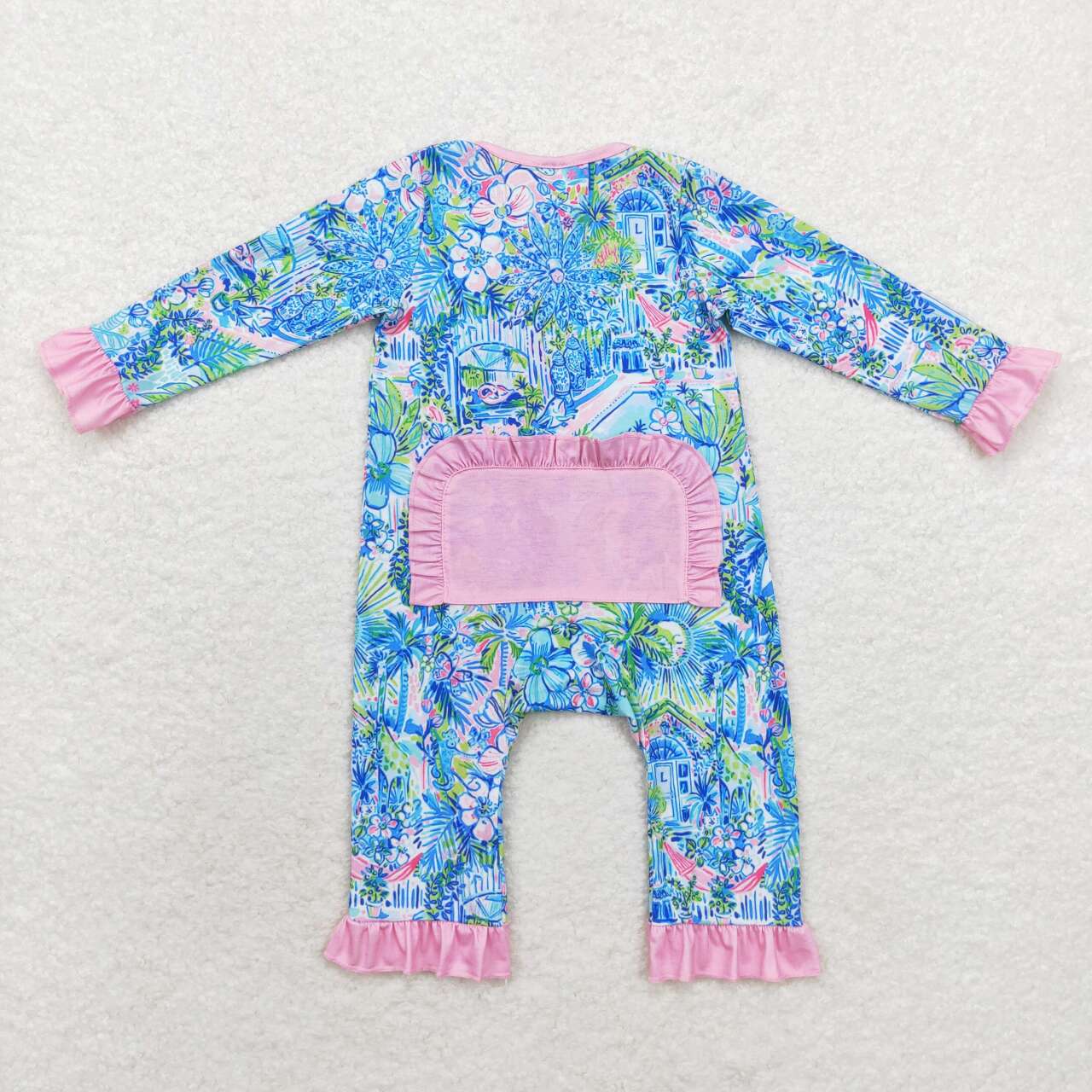 LR1339 bamboo colorful house flowers blue print long sleeve zipper girls romper