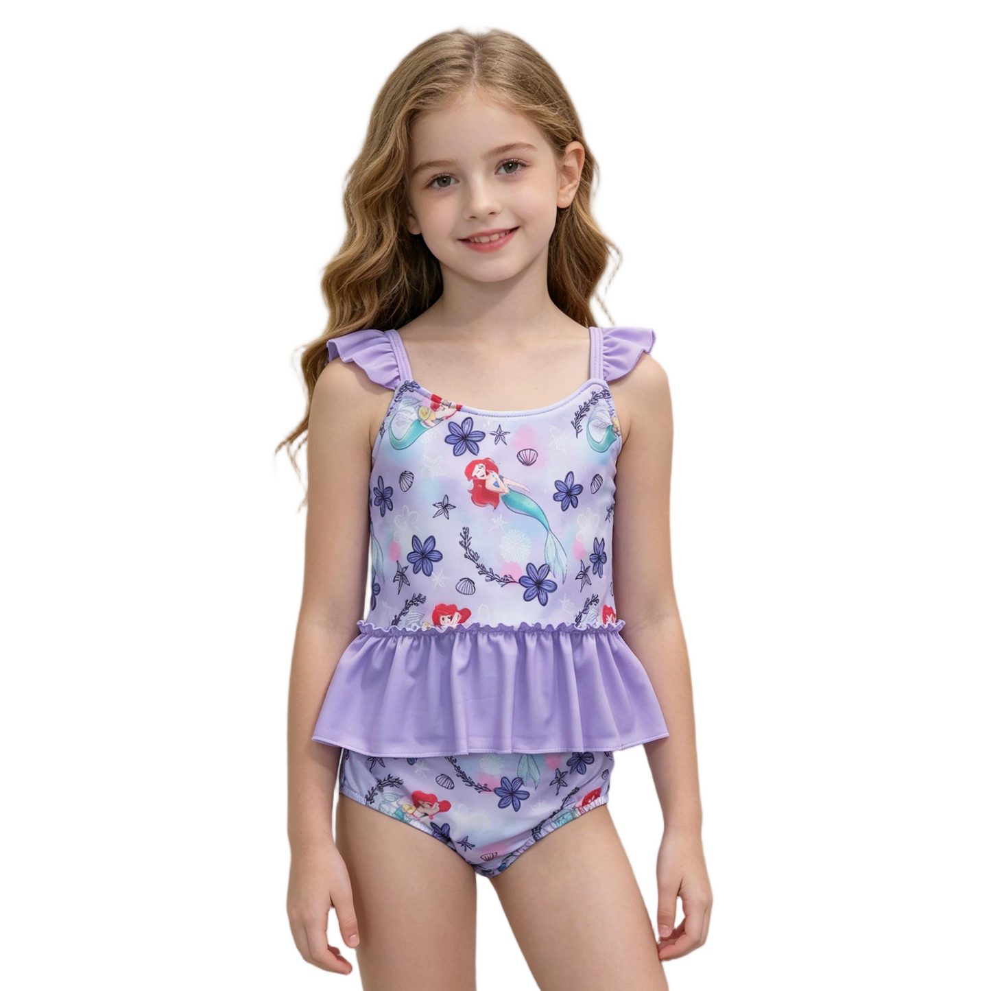 S0037 Purple Cartoon Flutter Sleeve Mermaid Kids Bathing Suits Swimsuits
