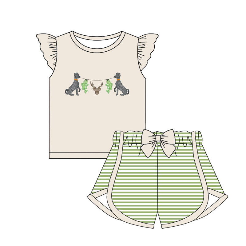 MOQ 3 Custom Hunting Dog Deer Fishing Flutter Sleeve Green Striped Bow Shorts Girls Set