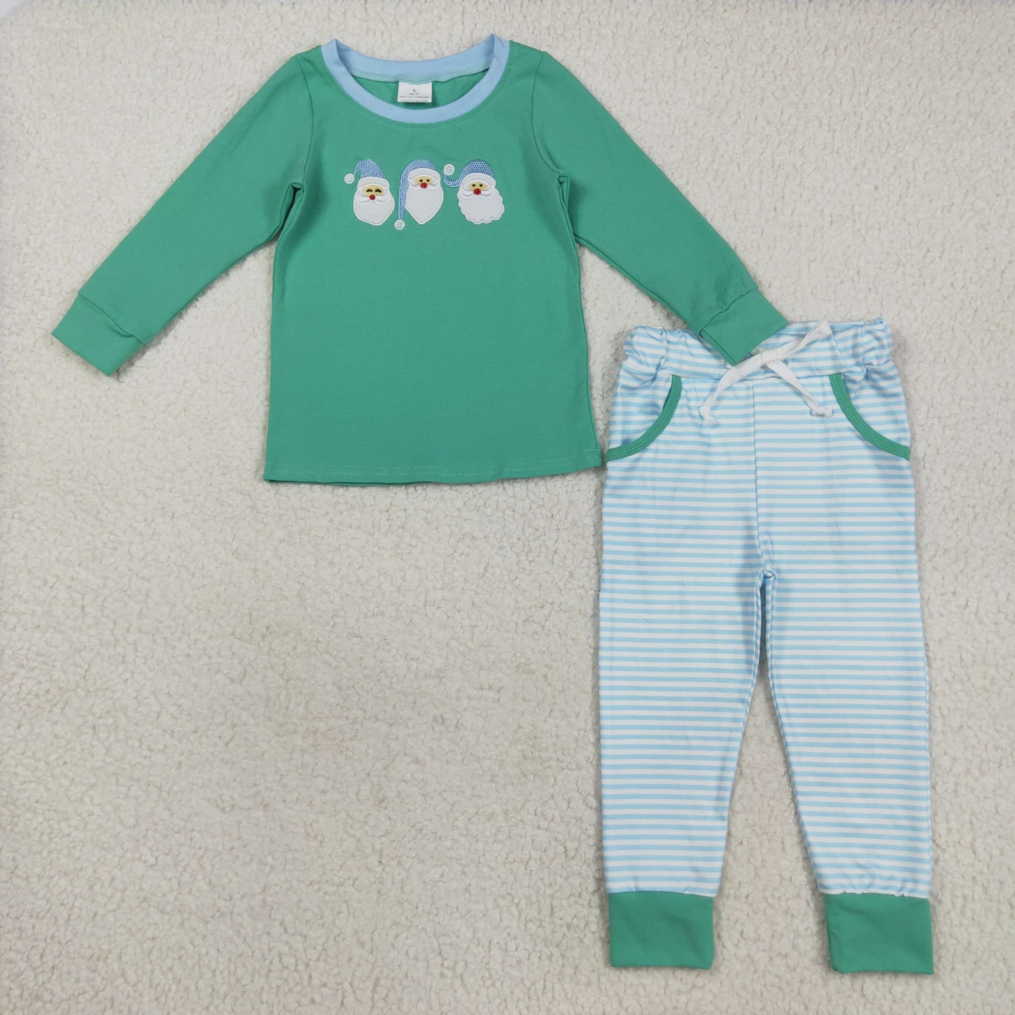 embroidery BLP1168 Christmas Santa green long sleeve pockets pants boys set