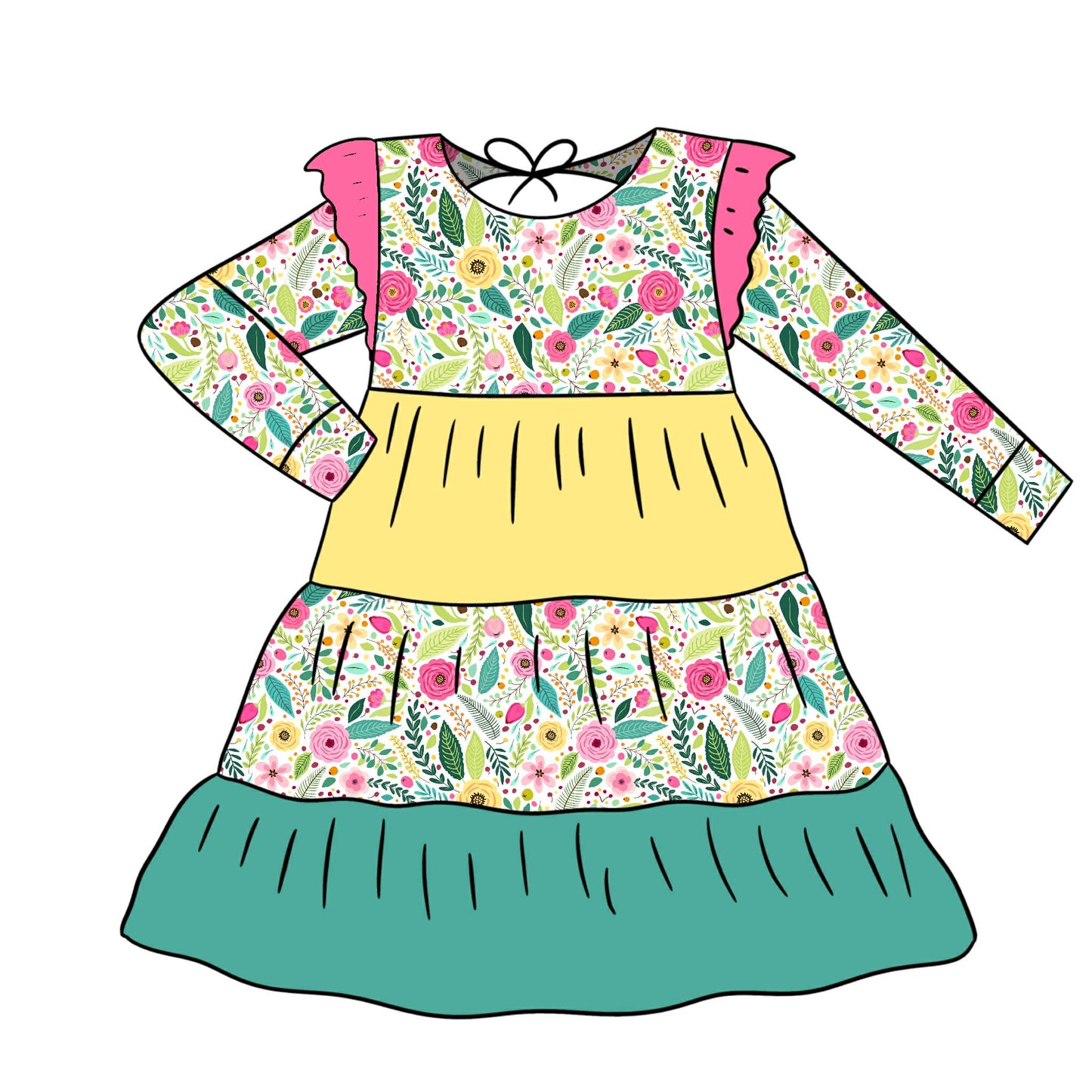 Custom Flowers Yellow Blue Long Sleeve Girls Dress