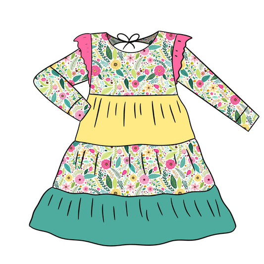 Custom Flowers Yellow Blue Long Sleeve Girls Dress