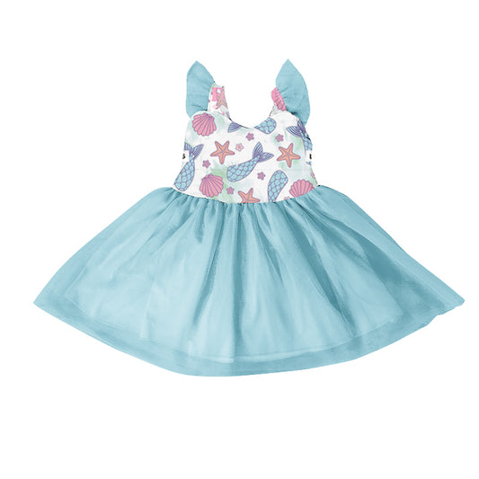 Custom Moq 3 Cartoon Mermaid Shell Blue Flutter Sleeve Tutu Grils Dress
