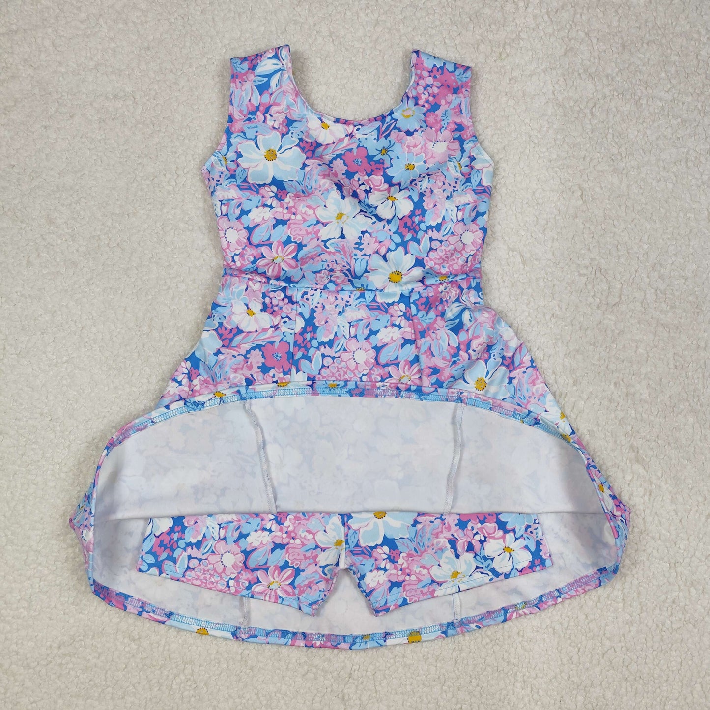 GSD1845 Colorful Flowers Blue Purple Twril Bows With Shorts Girls Dress
