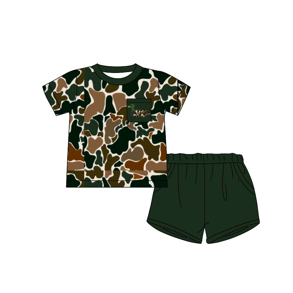 preorder BSSO1016 duck camo hunting camo mallard pocket short sleeve dark green shorts boys set