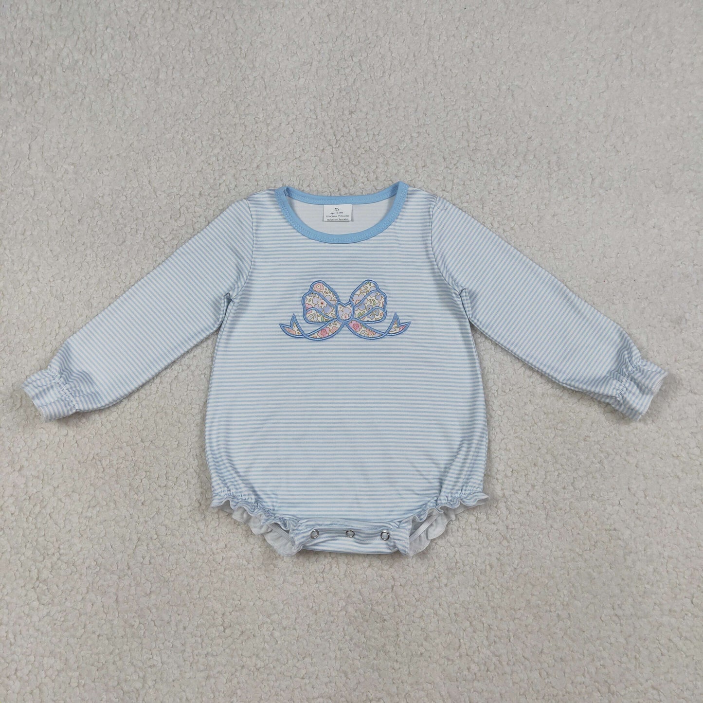 LR2917 Embroidery Flowers Bows Blue Long Sleeve Girls Romper