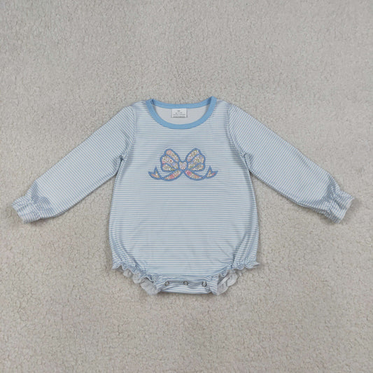 LR2917 Embroidery Flowers Bows Blue Long Sleeve Girls Romper
