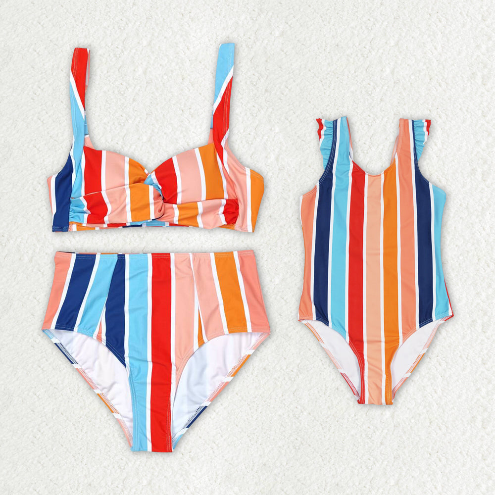 colorful striped mama and me swimsuits RTS sibling clothes