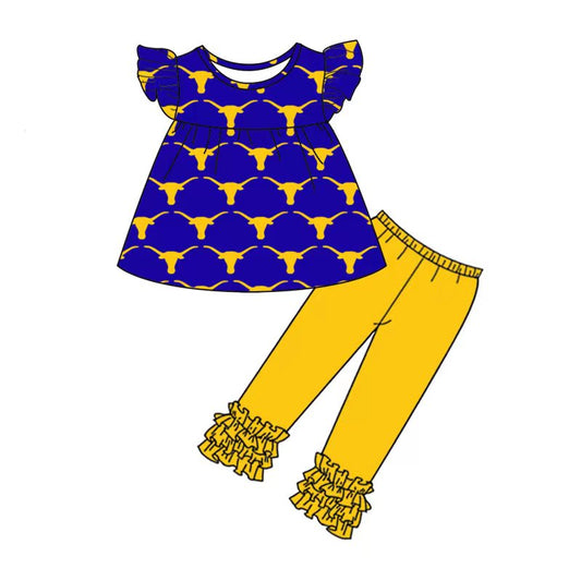 custom team set 6 Navy flutter sleeve yellow pants girls set