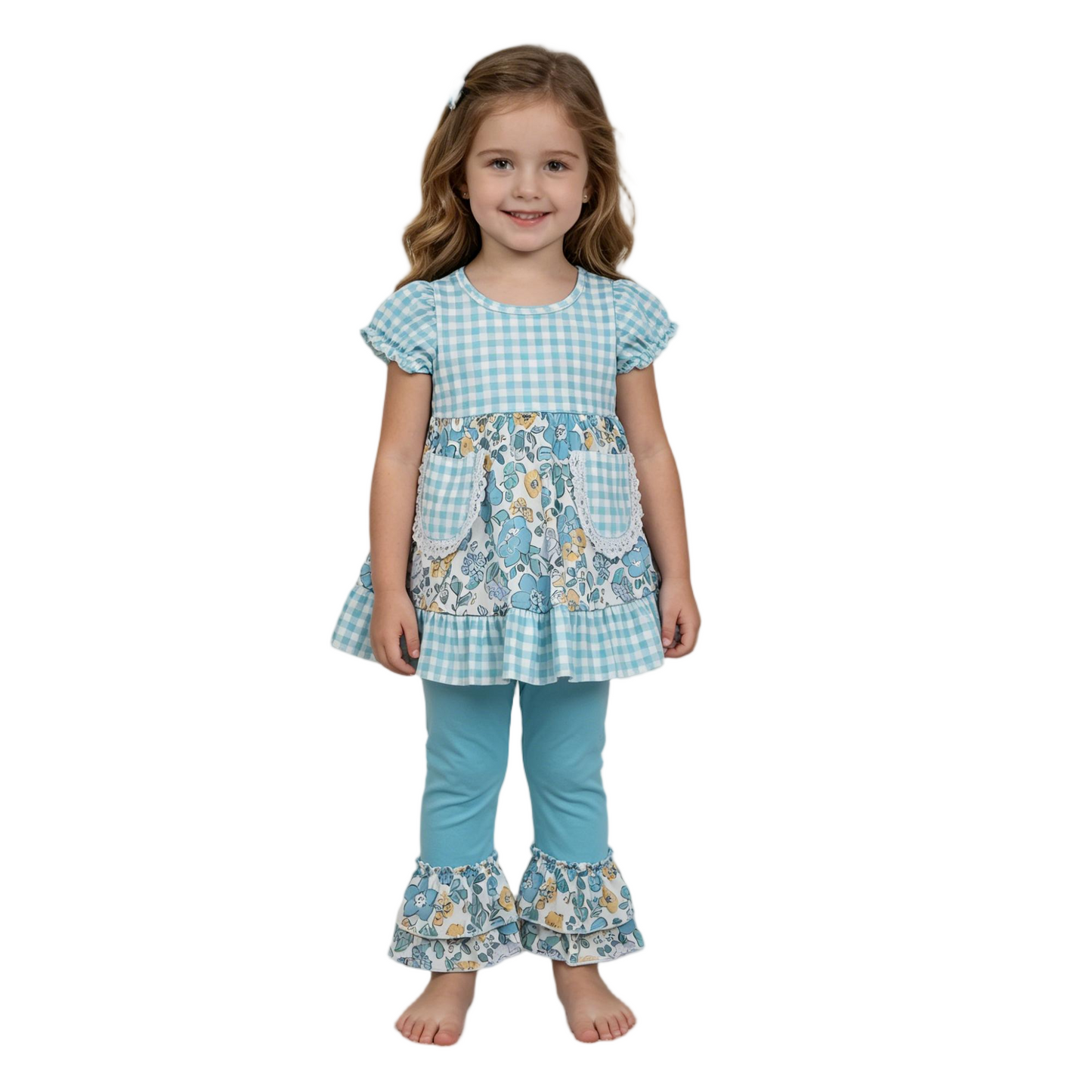 GSPO2282 Blue Flowers Pockets Checkered Short Sleeve Ruffles Pants Girls Set