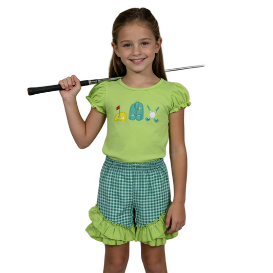Embroidery GSSO3033 Golf Yellow Short Sleeve Green Checkered Shorts Girls Set