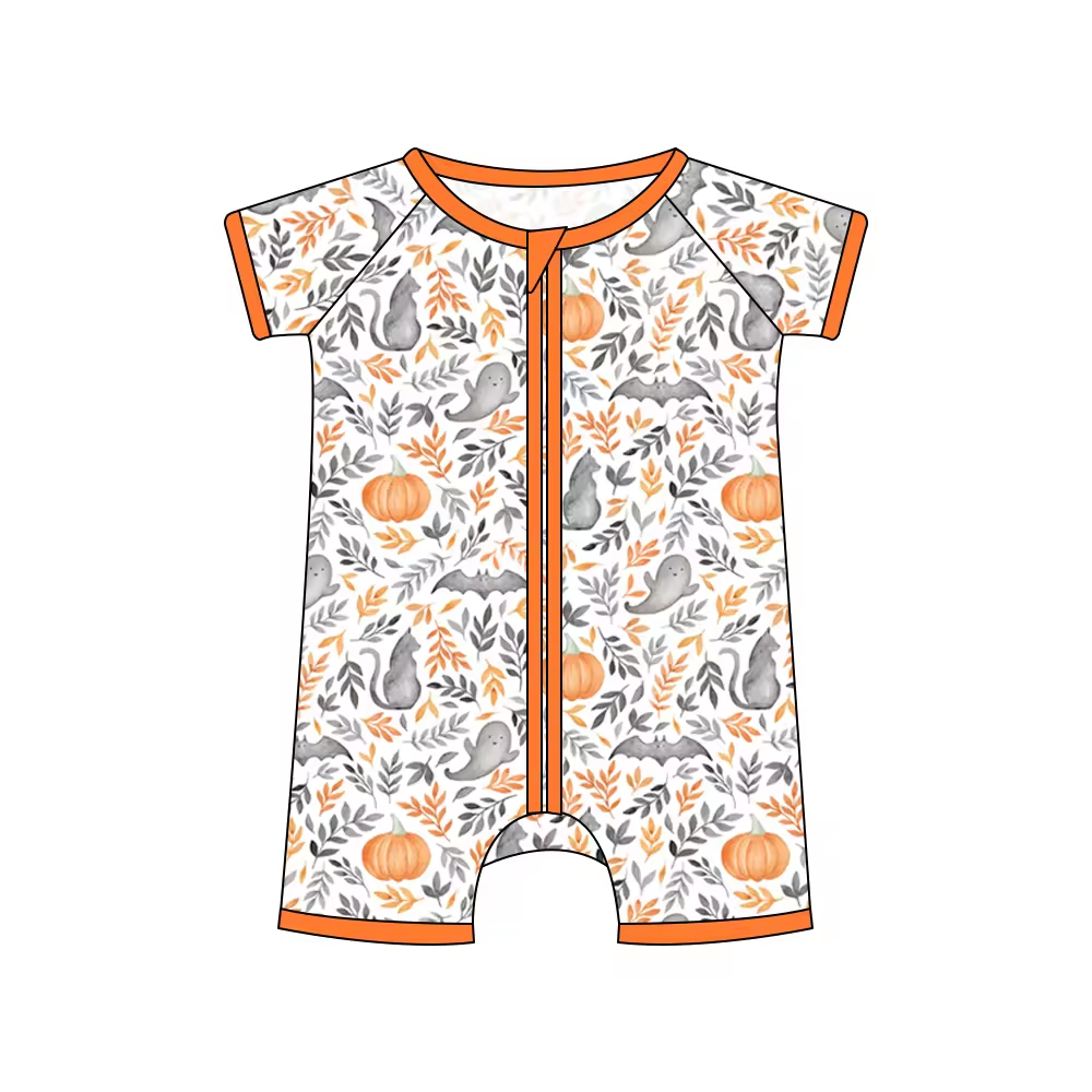 custom Halloween spooky pumpkin cat orange short sleeve zipper baby romper