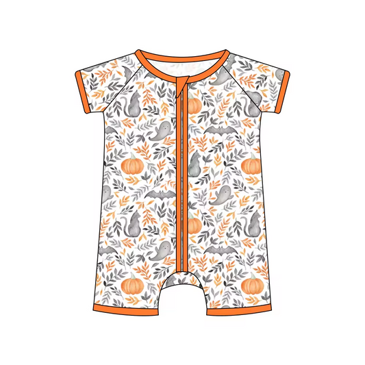 custom Halloween spooky pumpkin cat orange short sleeve zipper baby romper