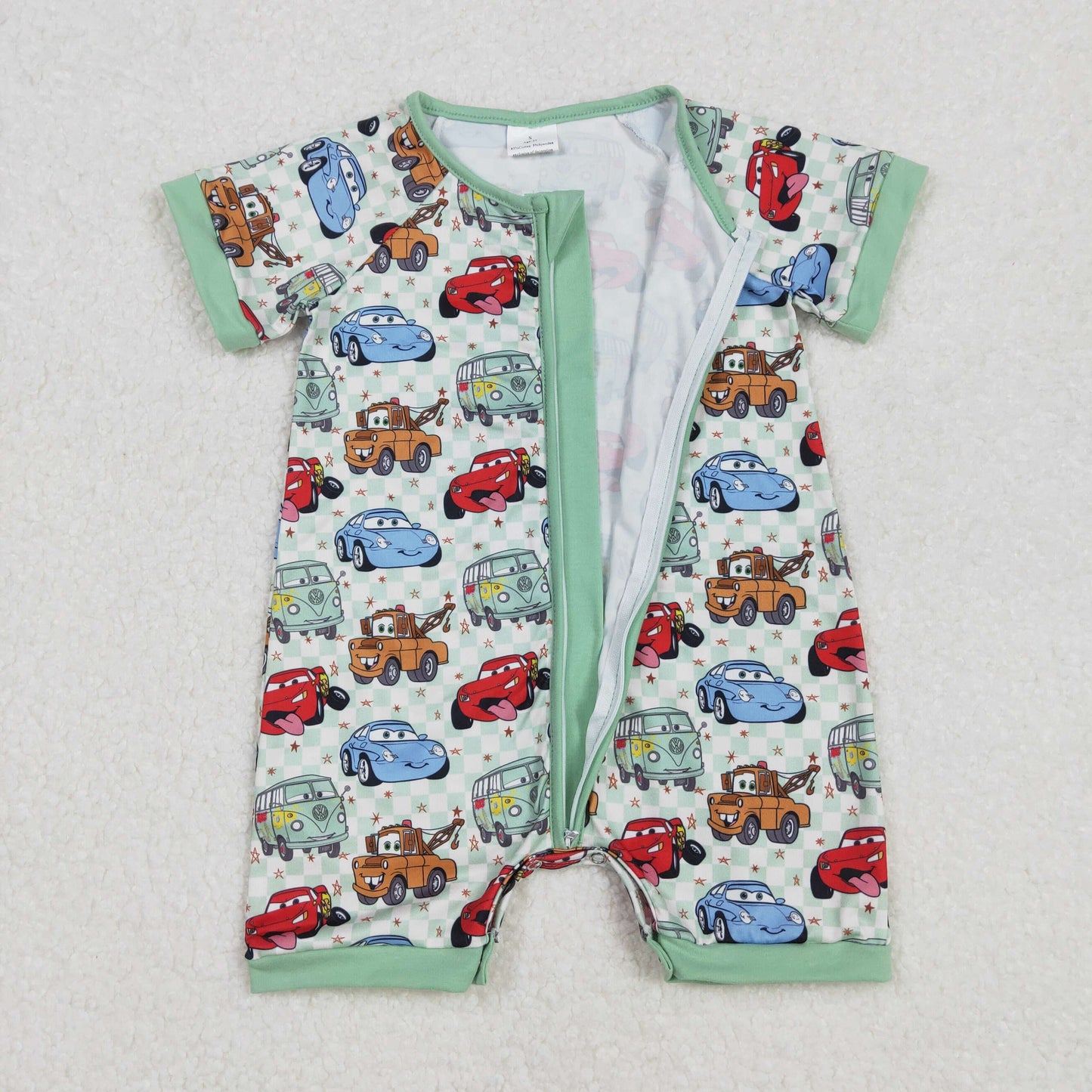 SR2373 Cartoon Car Green Checkered Short Sleeve Zipper Boys Romper