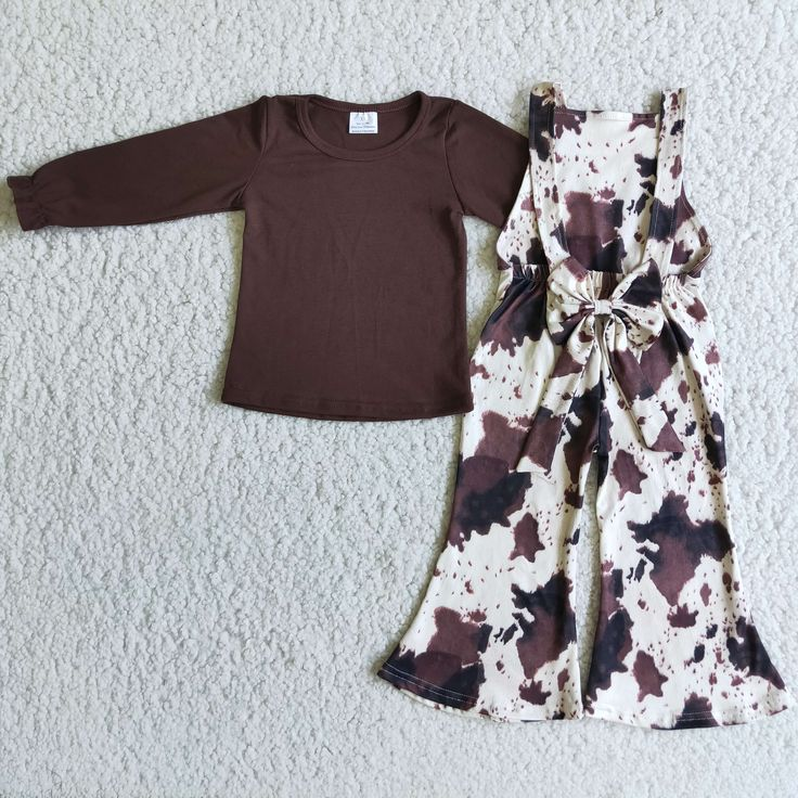 6 B3-25 Brown cotton shirt cow print overalls girls clothing
