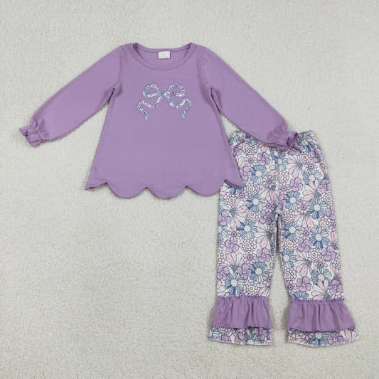 Embroidery GLP3019 purple bow long sleeve flowers floral pants girls set