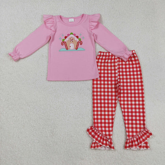 embroidery GLP2523 Christmas gingerbread house candy cane pink long sleeve red checkered pants girls set