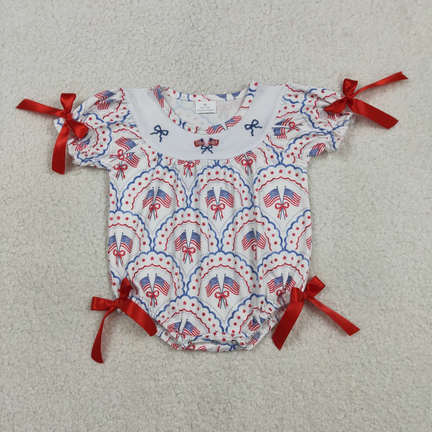 Embroidery SR3887 July 4th Flag Bows Short Sleeve Girls Romper