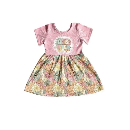custom S he is risen flowers pink short sleeve girls dress (tat 6-7 weeks)