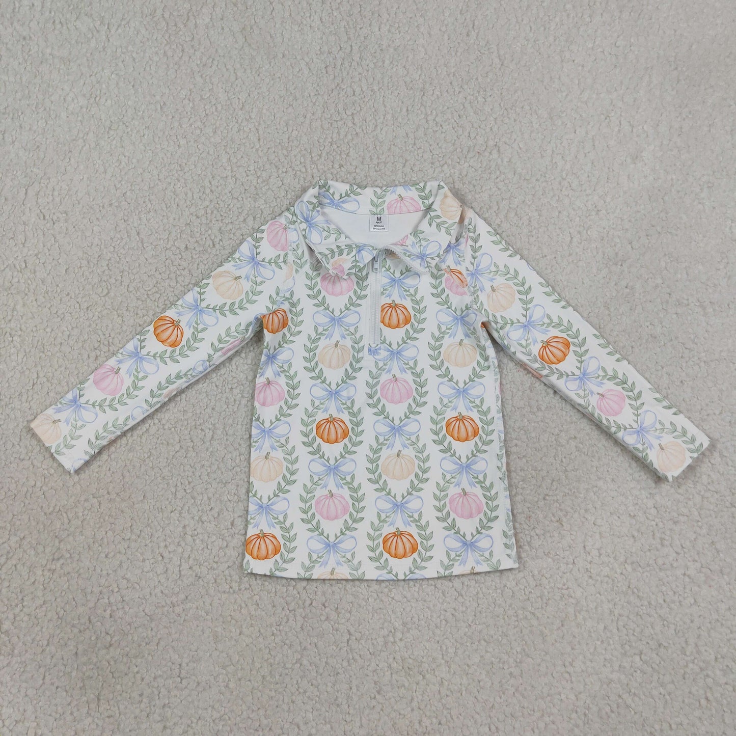GT1705 Yoga Colorful Pumpkin Bows Zipper Long Sleeve Girls Top
