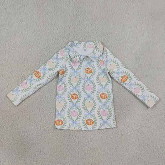 GT1705 Yoga Colorful Pumpkin Bows Zipper Long Sleeve Girls Top