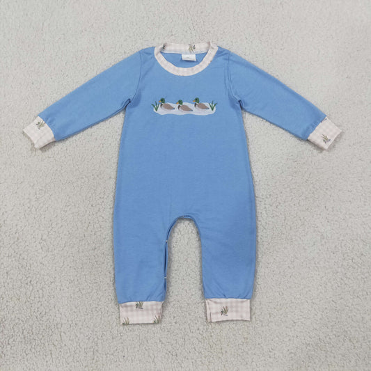 Embroidery LR3007 Hunting Mallard Duck Blue Long Sleeve Boys Romper