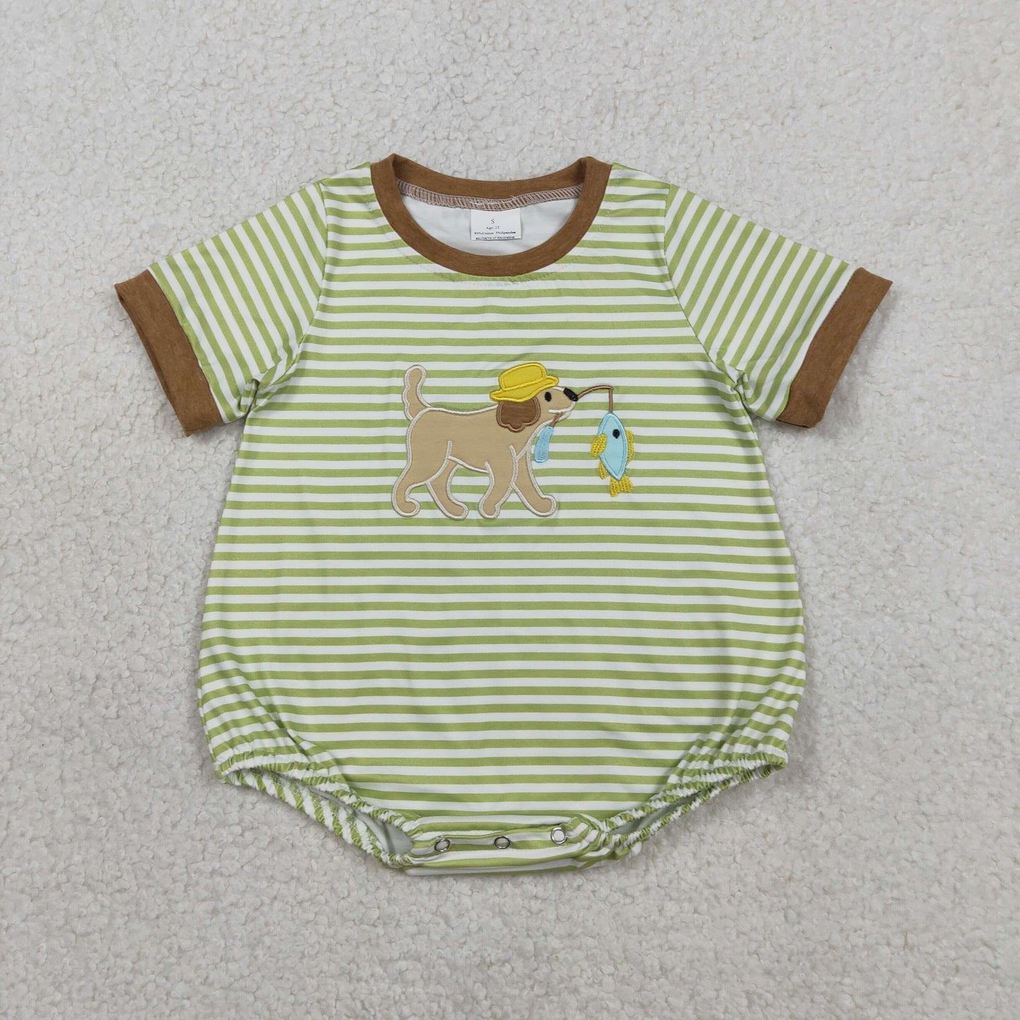 Embroidery SR3765 Fishing Dog Green Striped Short Sleeve Boys Romper