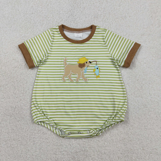 Embroidery SR3765 Fishing Dog Green Striped Short Sleeve Boys Romper