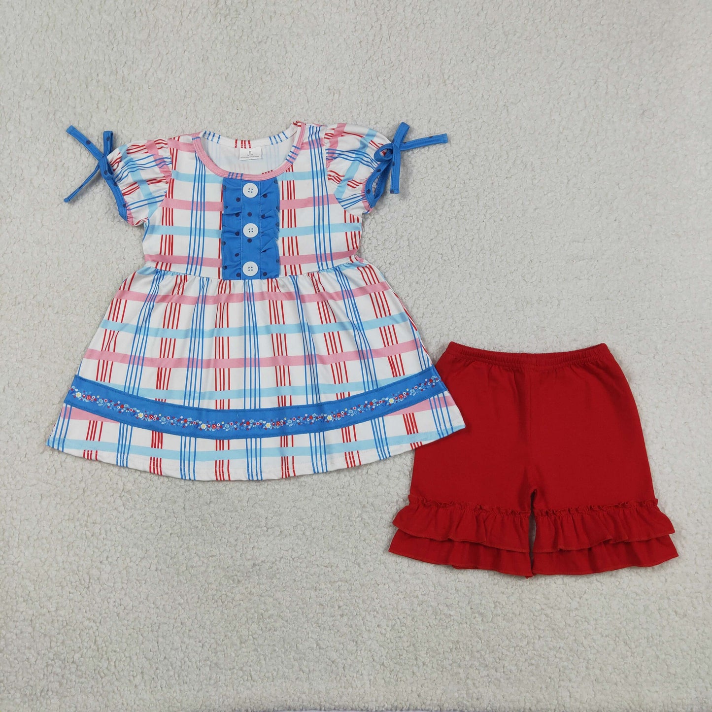 GSSO2815 July 4th Red Blue Checkered Short Sleeve Red Shorts Girls Set