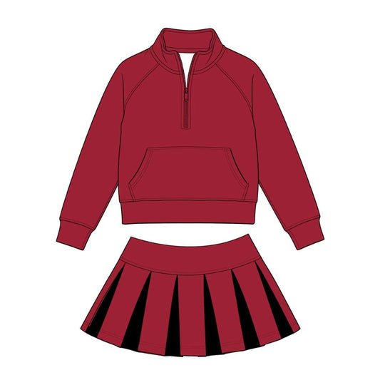 Custom Moq 3 Maroon Zipper Long Sleeve Skorts Girls Set