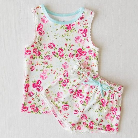 preorder Pink flowers sleeveless shorts girls Summer set