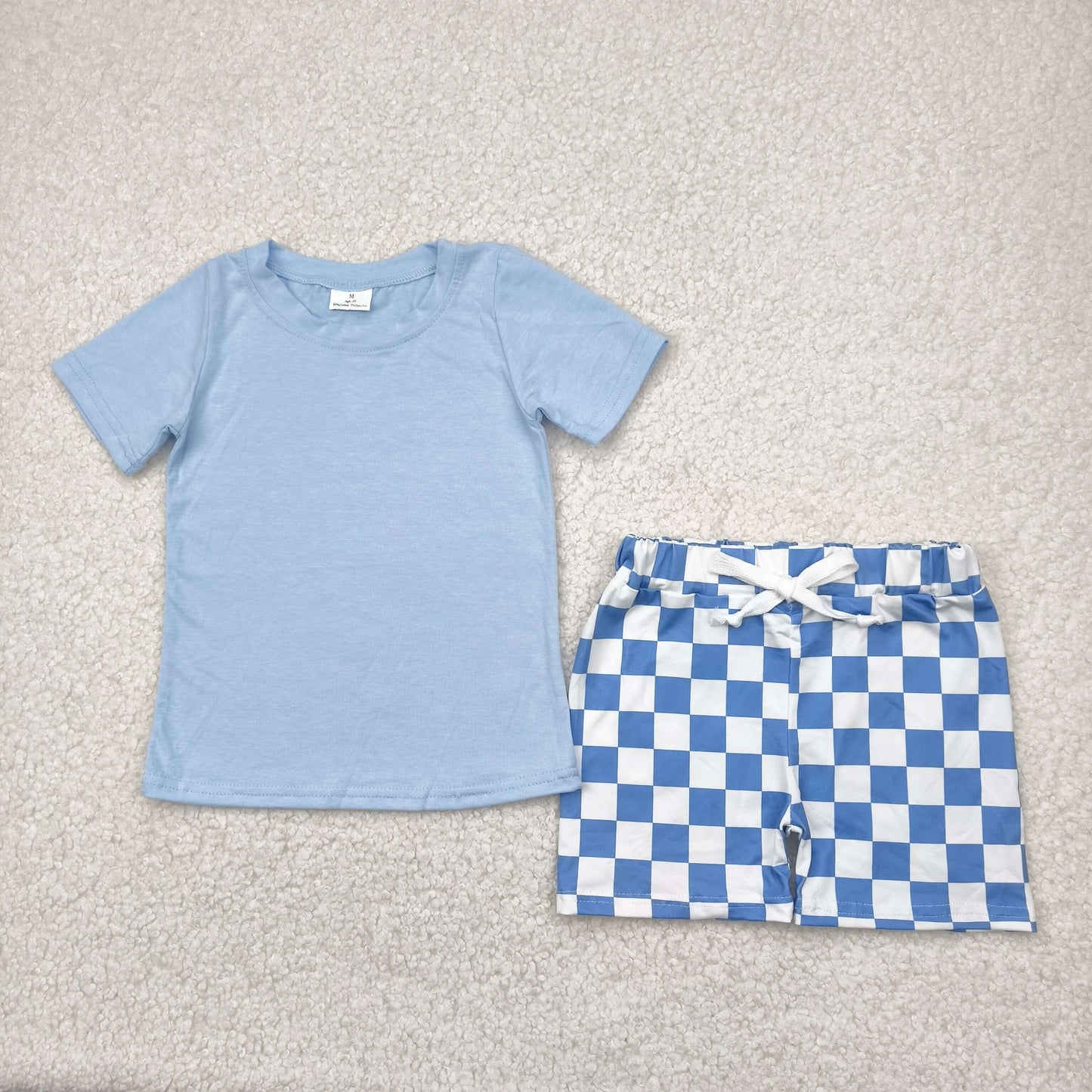 BSSO1469 blue short sleeve blue checkered shorts boys set