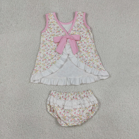 GBO0518 Colorful Flowers Floral Bow Sleeveless Girls Bummies Set