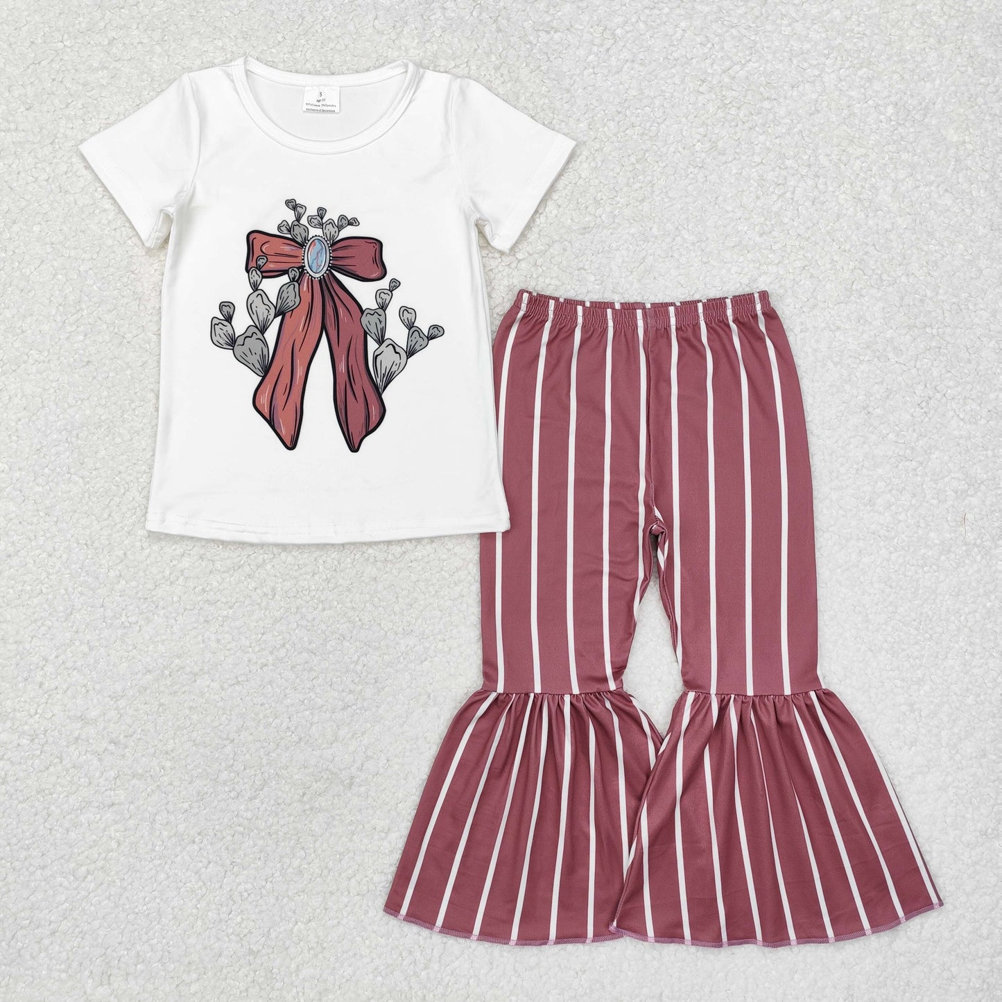 GSPO1704 Western cactus bow short sleeve brown striped pants girls set