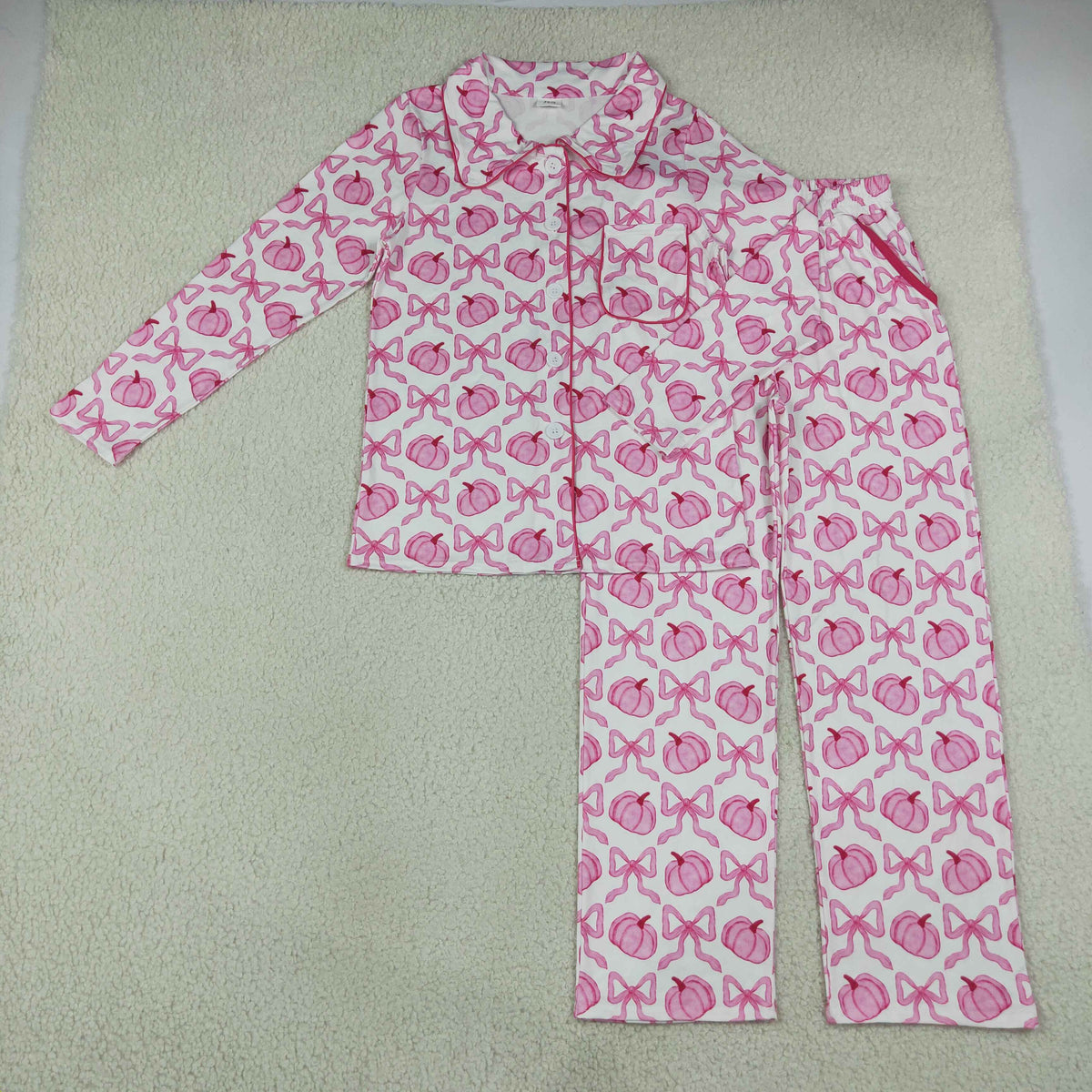 GLP3423 Hot Pink Pumpkin Bows Long Sleeve Pants Adult Women Pajamas