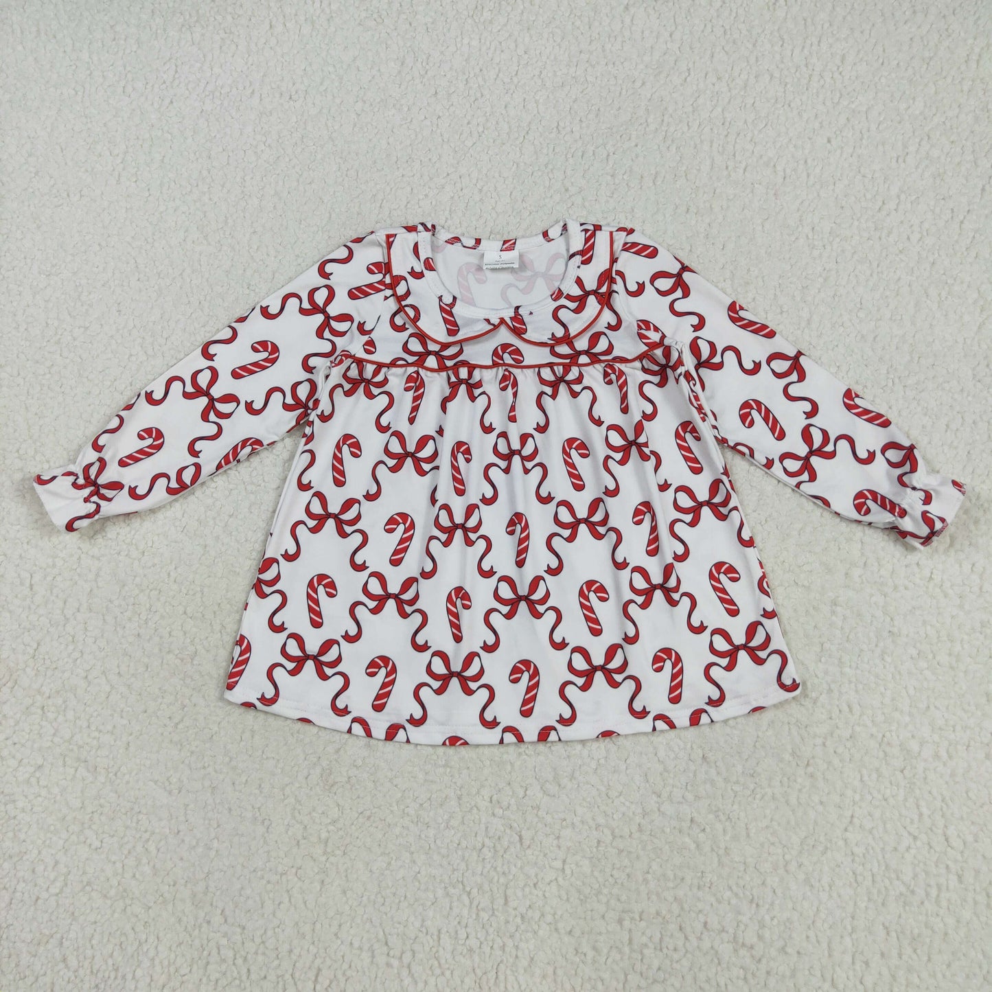 GLD1130 Christmas candy cane red bows long sleeve girls dress