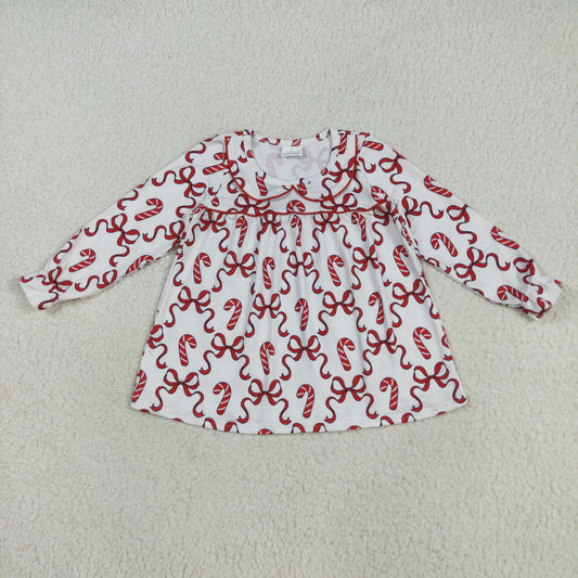 GLD1130 Christmas candy cane red bows long sleeve girls dress