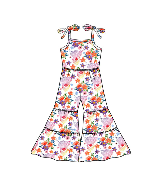 preorder SR0576 Highland cow colorful flowers girls jumpsuit