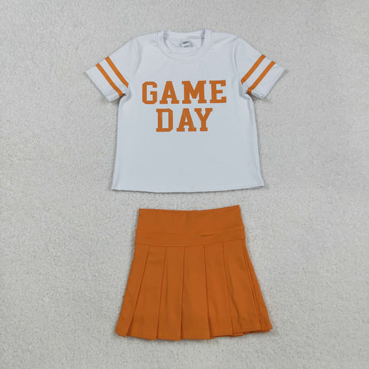 GSD2761 yoga screen print game day light orange short sleeve orange skorts girls set