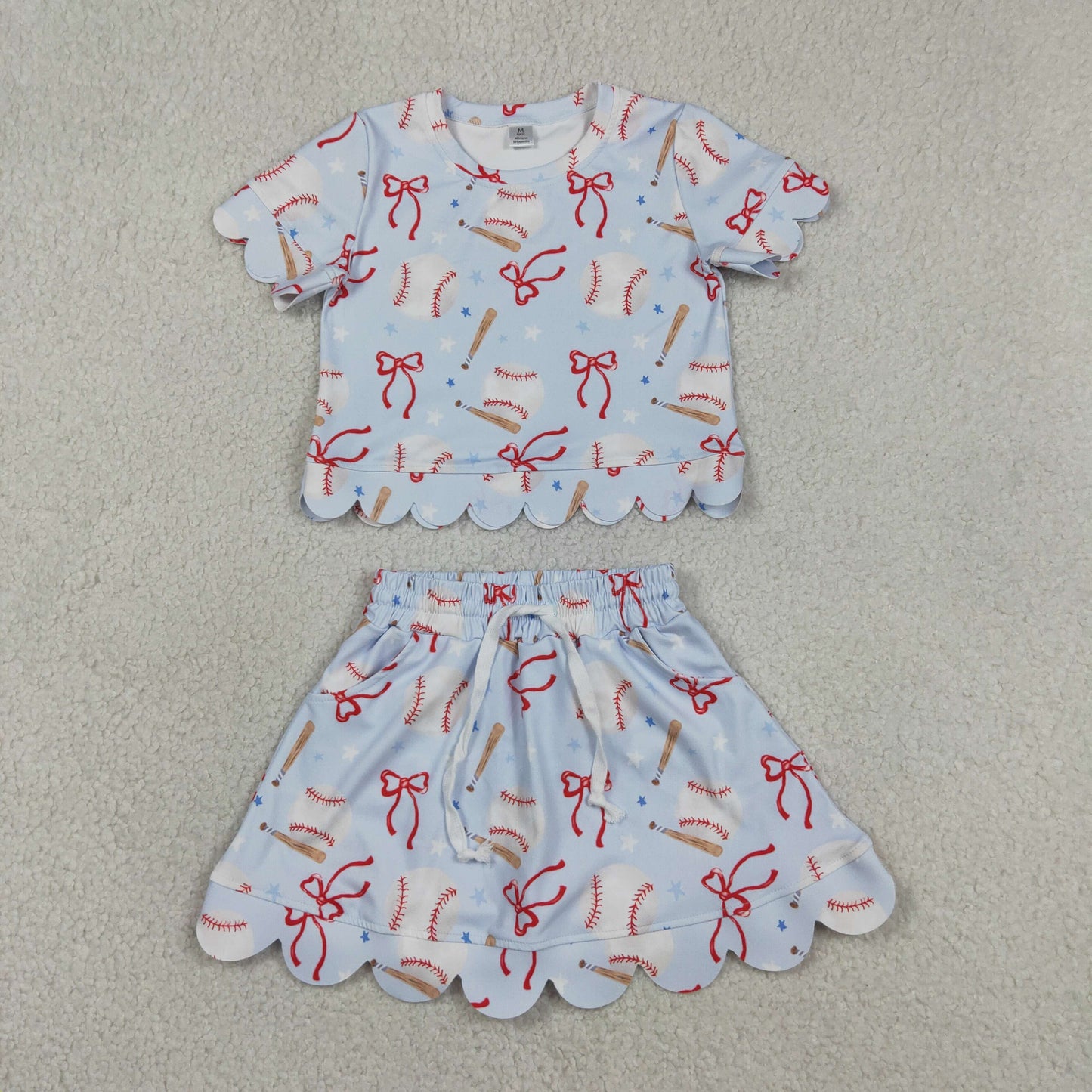 GSD3656 Yoga Baseball Bows Blue Short Sleeve Shorts Girls Set