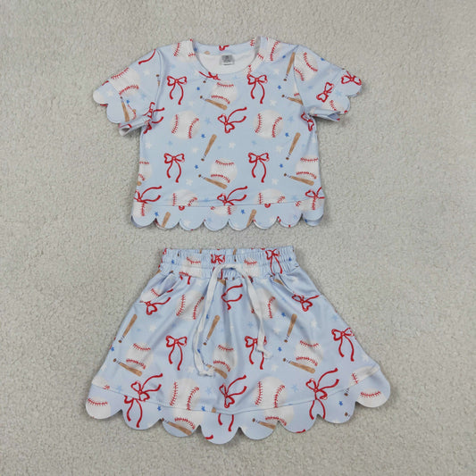 GSD3656 Yoga Baseball Bows Blue Short Sleeve Shorts Girls Set