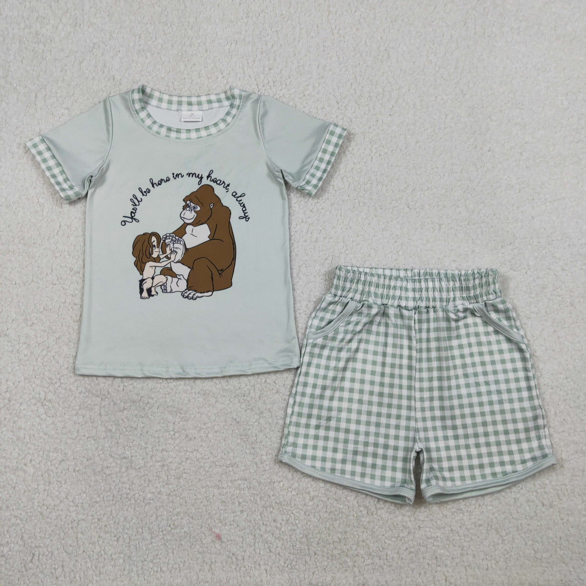 BSSO1702 Cartoon Island Princess Short Sleeve Checkered Shorts Boys Set